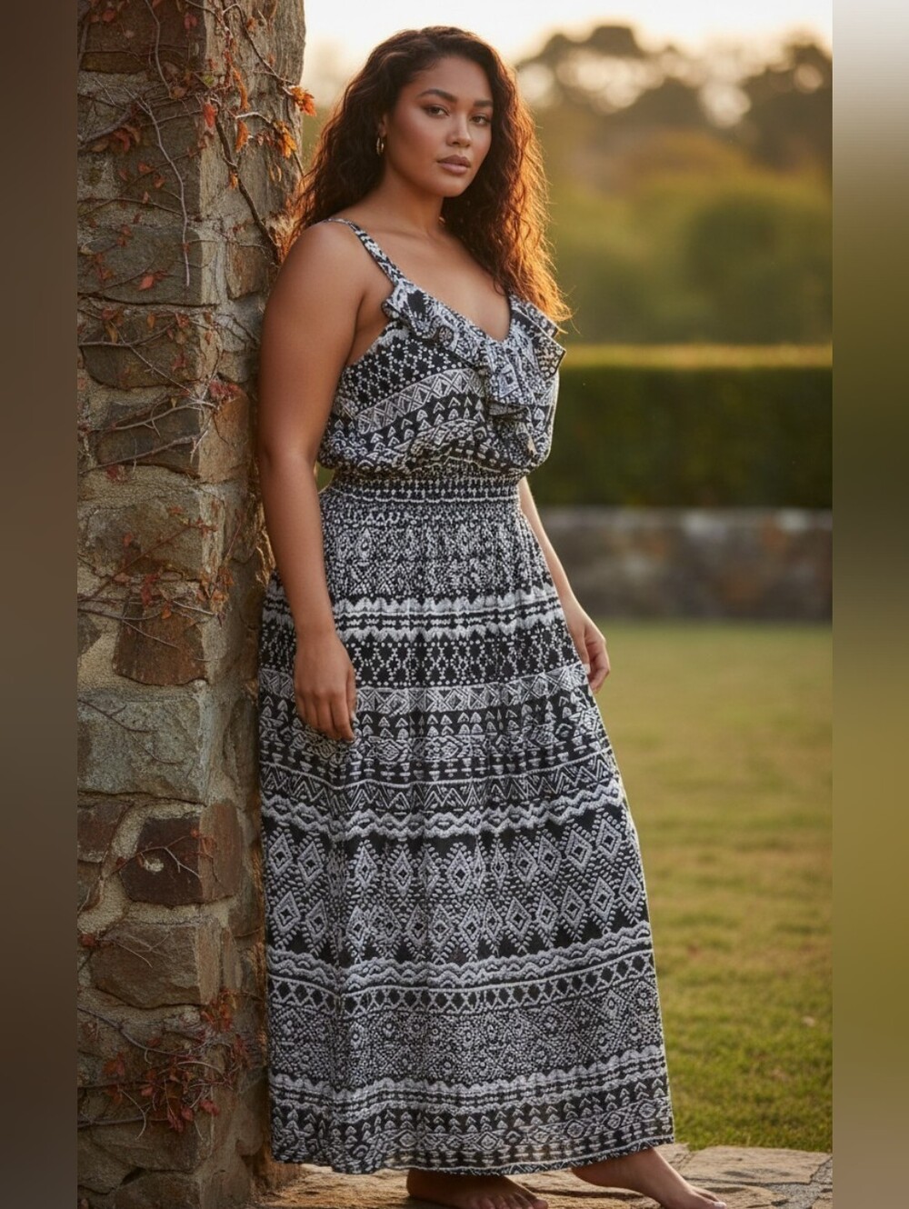 Faded Glory Black & White Patterned Sleeveless Maxi Dress